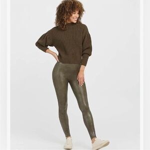 Spanx Women's Faux Stretch-Leather Leggings Pull on Olive Green Medium